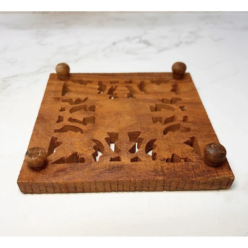 Carved Wood Trivet With Feet From India Brown Square Floral Design 5-1/2 in